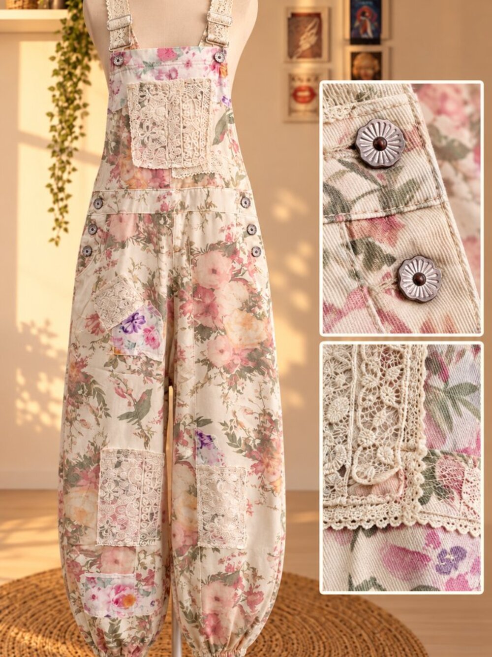 POL Floral Patchwork Corduroy Overalls Jumpsuit Lace Trim Concho Accent | Boho L